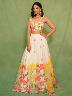 Rajwada White Georgette Floral Print Semi Stitched Lehenga For Women