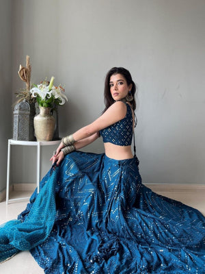 Rajwada Teal Blue Georgette Embellished Semi-Stitched Lehenga For Women
