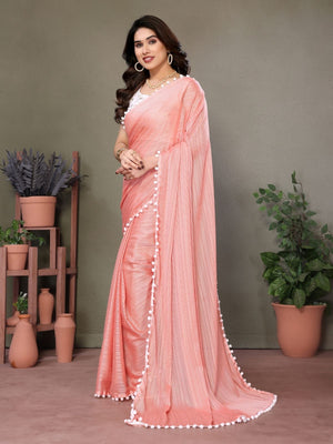 Rajwada Peach Banglori Lace Work Saree With Unstitched Blouse For Women