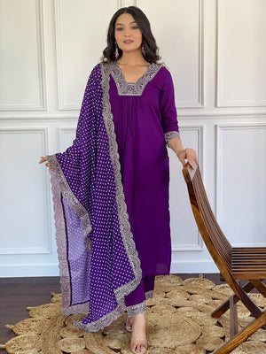 Rajwada Purple Viscose Lace Work Stitched Kurta Set for Women