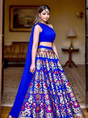Rajwada Blue Jacquard Silk Woven Semi-Stitched Lehenga For Women