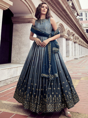 Rajwada Women Dark Grey Shaded Semi Stitched Gown With Dupatta
