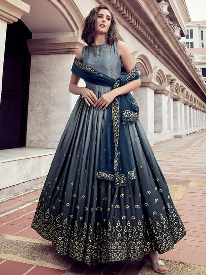 Rajwada Women Dark Grey Shaded Semi Stitched Gown With Dupatta