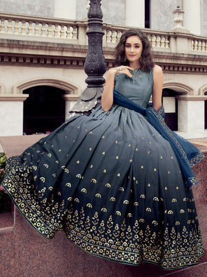 Rajwada Women Dark Grey Shaded Semi Stitched Gown With Dupatta