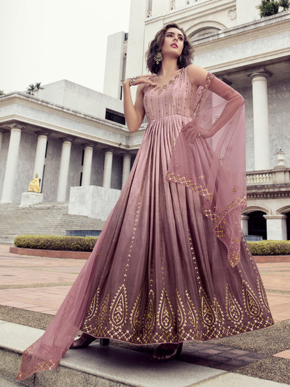 Rajwada Women Mauve Shaded Semi Stitched Gown With Dupatta