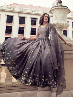 Rajwada Women Blush Voilet Shaded Semi Stitched Gown With Dupatta