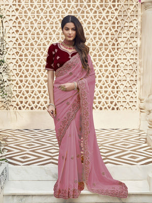 Rajwada Pink Georgette Embroidered Elegant Saree For Women