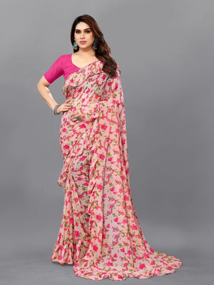 Rajwada Multicolor Georgette Printed And Ruffle Saree For Women