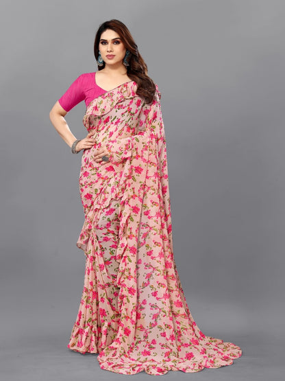 Rajwada Multicolor Georgette Printed And Ruffle Saree For Women