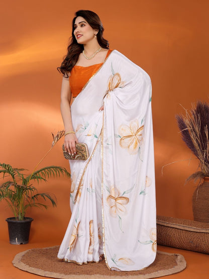 Rajwada White Georgette Printed Saree For Women