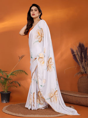 Rajwada White Georgette Printed Saree For Women