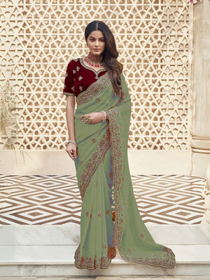 Rajwada Green Georgette Embroidered Elegant Saree For Women