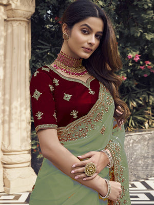Rajwada Green Georgette Embroidered Elegant Saree For Women