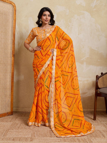Rajwada Orange Georgette Printed Saree For Women