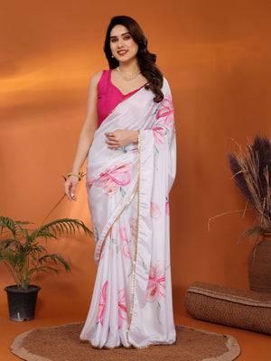 Rajwada White Georgette Printed Saree For Women