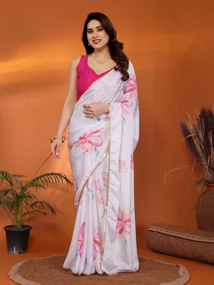 Rajwada White Georgette Printed Saree For Women