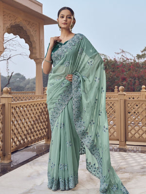 Rajwada Sea Green Georgette Embroidered Elegant Saree For Women