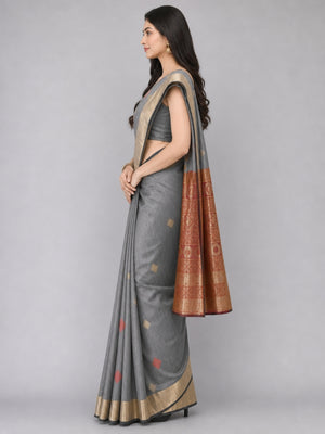 Grey Silk Blend Solid Saree