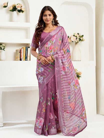 Rajwada Purple Cotton Linen Zari Work Saree For Women