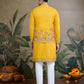 Rajwada Yellow Cotton Blend Embroidered Stitched Kurta For Men