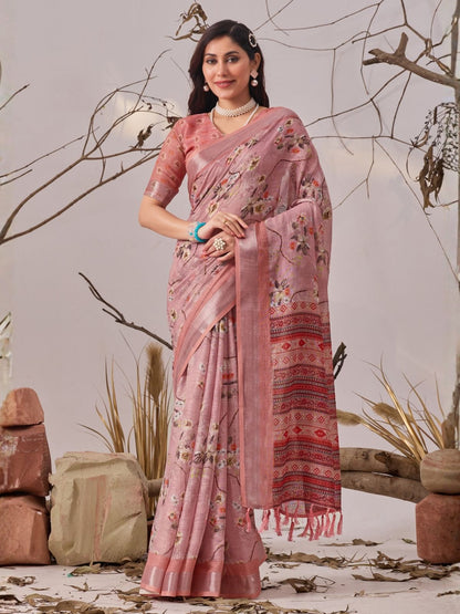 Rajwada Light Pink Linen Cotton Printed Saree For Women