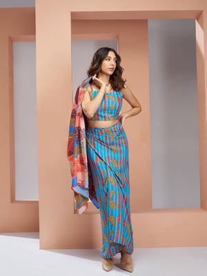 Rajwada Blue Linen Printed Stitched Co-Ord Set For Women