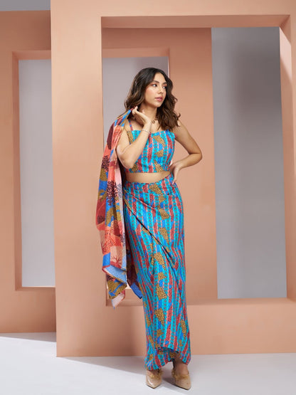 Rajwada Blue Linen Printed Stitched Co-Ord Set For Women