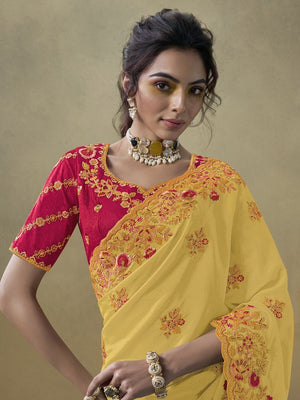 Rajwada Yellow Georgette Embroidered Elegant Saree For Women
