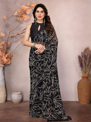 Rajwada Black Georgette Printed Saree With Unstitched Blouse For Women