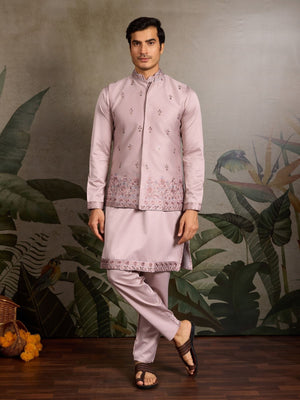 Rajwada Light Pink Silk Blend Embroidered Stitched Kurta Set For Men