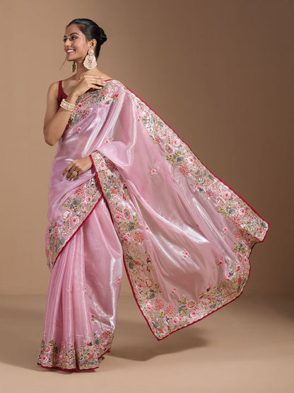 Rajwada Pastel Pink Organza Embroidered Solid Saree For Women