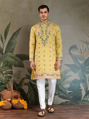 Rajwada Yellow Viscose Silk Embroidered Stitched Kurta For Men