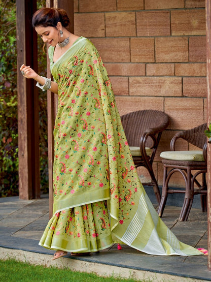 Rajwada Pista Green Cotton Linen Striped Saree For Women