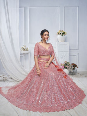 Rajwada Pink Soft Net Embellished Semi-Stitched Lehenga With Unstitched Blouse For Women