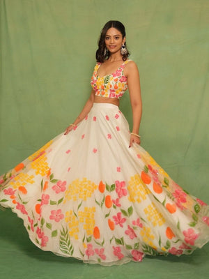 Rajwada White Georgette Floral Print Semi Stitched Lehenga For Women