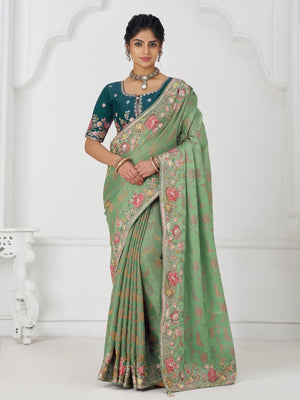 Rajwada Light Green Viscose Silk Embroidered Saree For Women