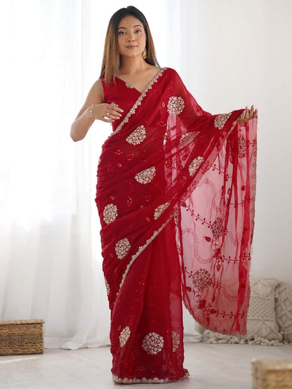 Rajwada Red Organza Embroidered Solid Saree For Women