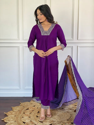 Rajwada Purple Viscose Lace Work Stitched Kurta Set for Women