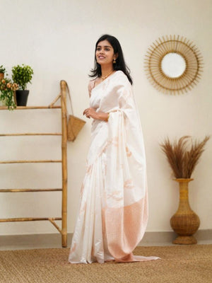 Rajwada White Silk Blend Woven Saree For Women