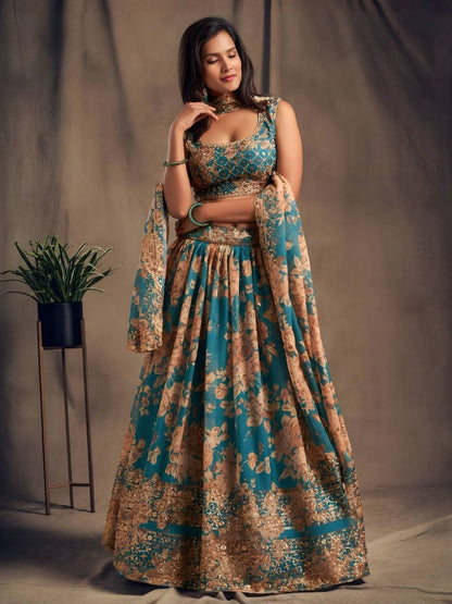 Rajwada Blue Organza Printed And Embriodered Semi-Stitched Lehenga For Women