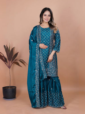 Rajwada Teal Chinon Embroidered Stitched Kurta Set For Women