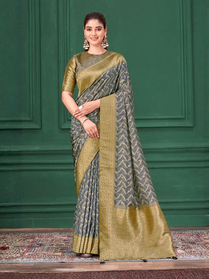 Rajwada Grey Silk Blend Woven Printed Saree For Women