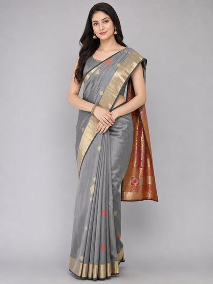 Grey Silk Blend Solid Saree