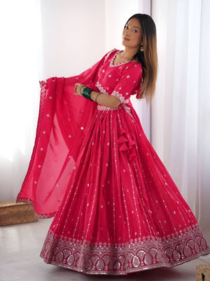 Rajwada Pink Silk Blend Embroidered Semi-Stitched lehenga For Women