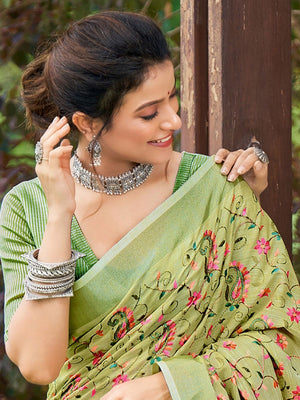 Rajwada Pista Green Cotton Linen Striped Saree For Women