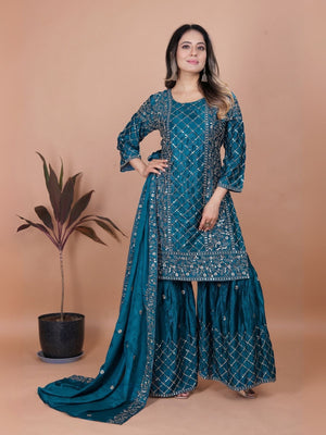 Rajwada Teal Chinon Embroidered Stitched Kurta Set For Women