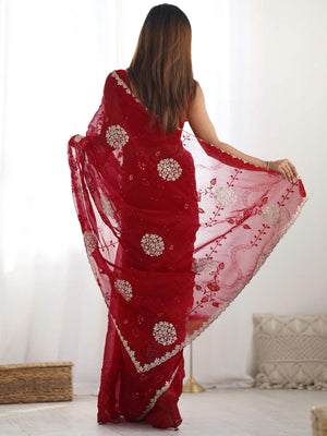 Rajwada Red Organza Embroidered Solid Saree For Women