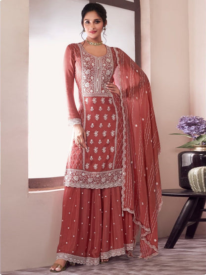 Rajwada Peach Chiffon Embroidered Semi Stitched Kurta Set For Women