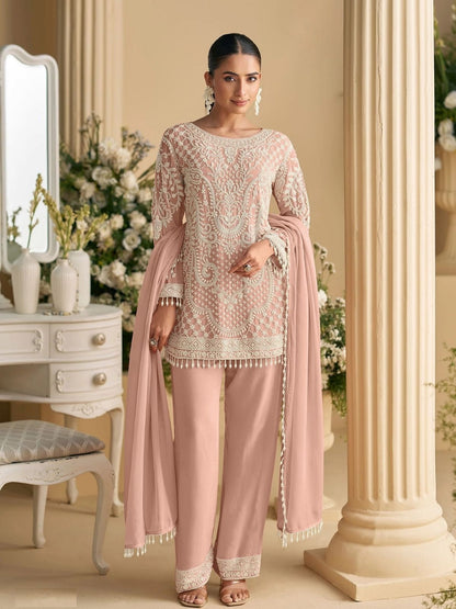Rajwada Light Pink Georgette Embellished Semi Stitched Kurta Set For Women