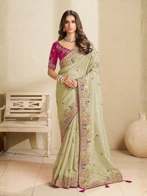 Rajwada Pista Green Satin Embroidered Saree For Women